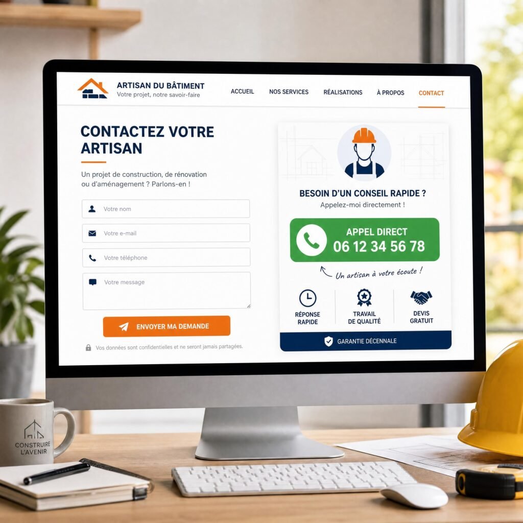Un écran d'ordinateur affichant une interface de contact simplifiée et un bouton d'appel direct pour un artisan du bâtiment