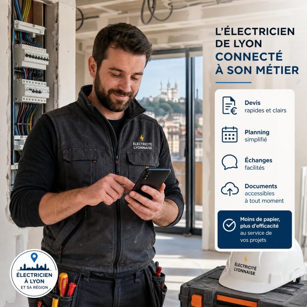 Un artisan électricien de la région de Lyon consultant son smartphone sur un chantier, illustrant la transition vers le numérique