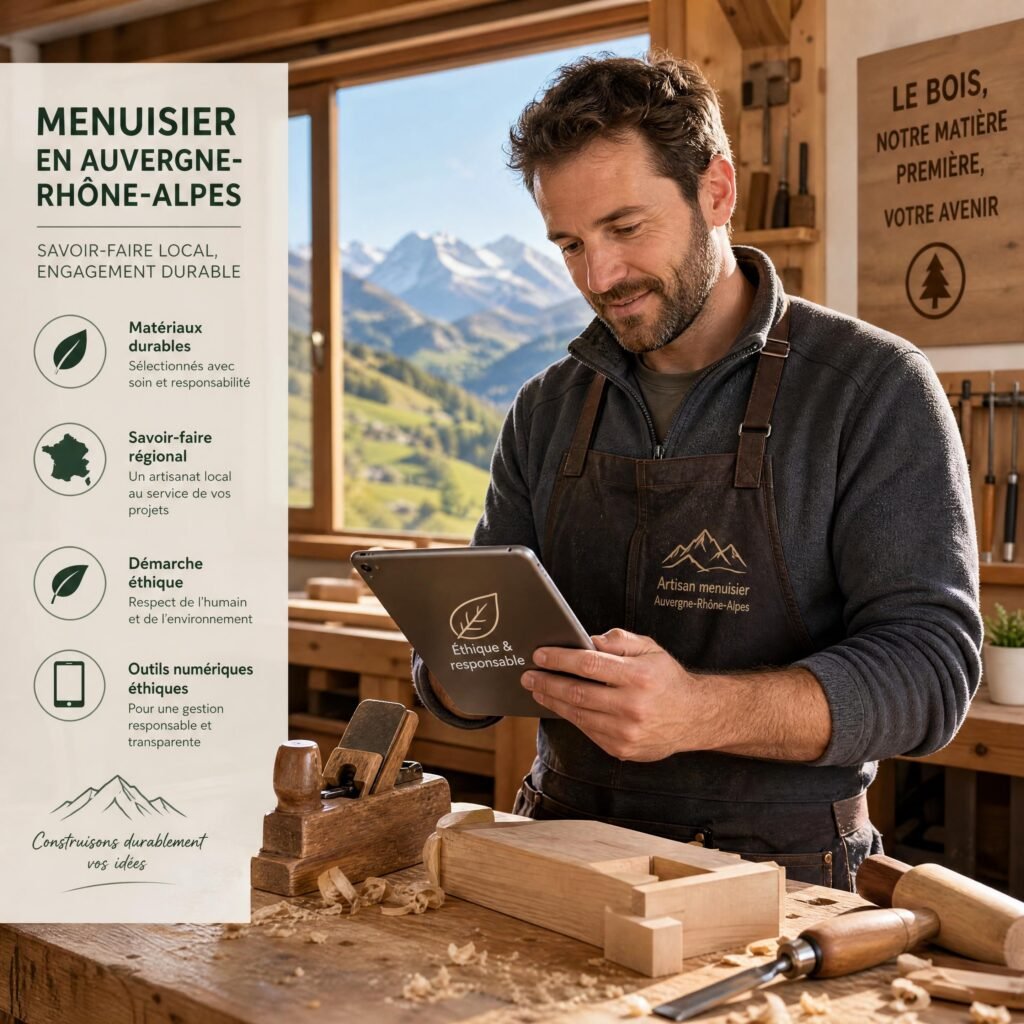Un artisan menuisier de la région Auvergne-Rhône-Alpes travaillant le bois tout en consultant une tablette numérique éthique