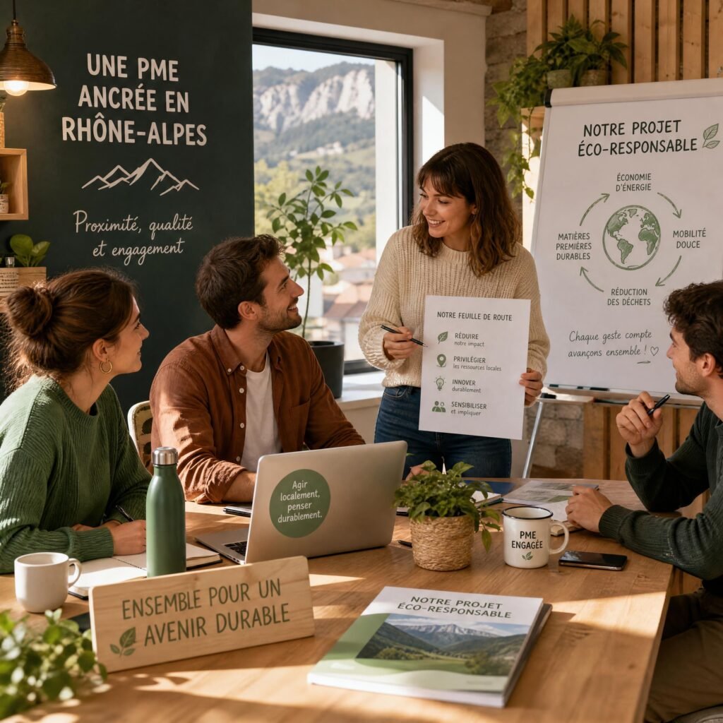 Une réunion d'équipe chaleureuse au sein d'une PME locale de Rhône-Alpes collaborant sur un projet éco-responsable