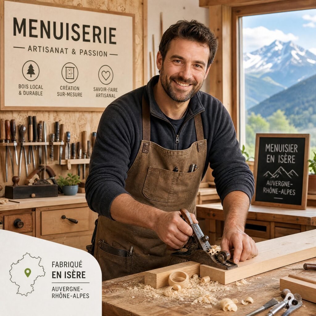 Un artisan menuisier souriant travaillant dans son atelier en Isère, Auvergne-Rhône-Alpes