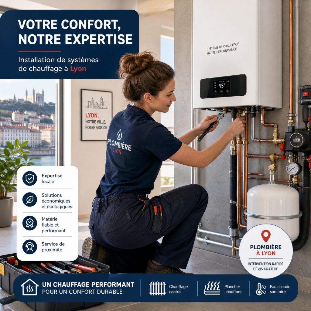 Une femme plombier professionnelle installant un système de chauffage moderne dans une maison à Lyon