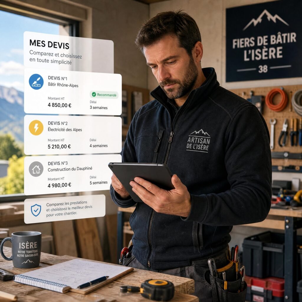 Un artisan maçon ou électricien analysant des devis sur sa tablette dans son atelier en Isère