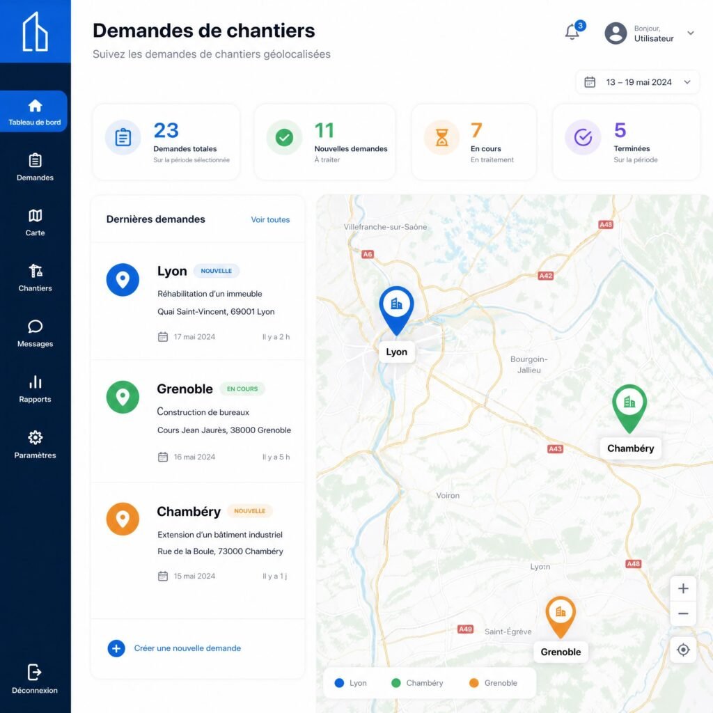 Un tableau de bord numérique simple montrant des demandes de chantiers géolocalisées à Lyon, Grenoble et Chambéry