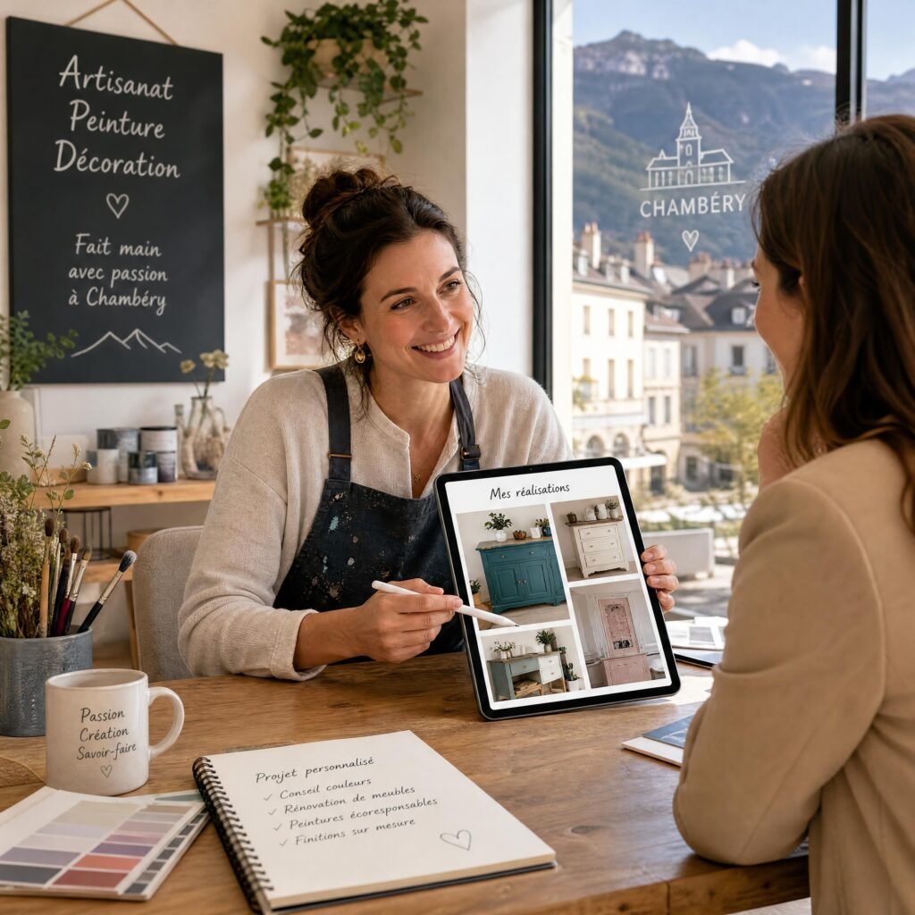 Une artisane peintre montrant ses réalisations sur sa tablette tactile lors d'un rendez-vous client à Chambéry