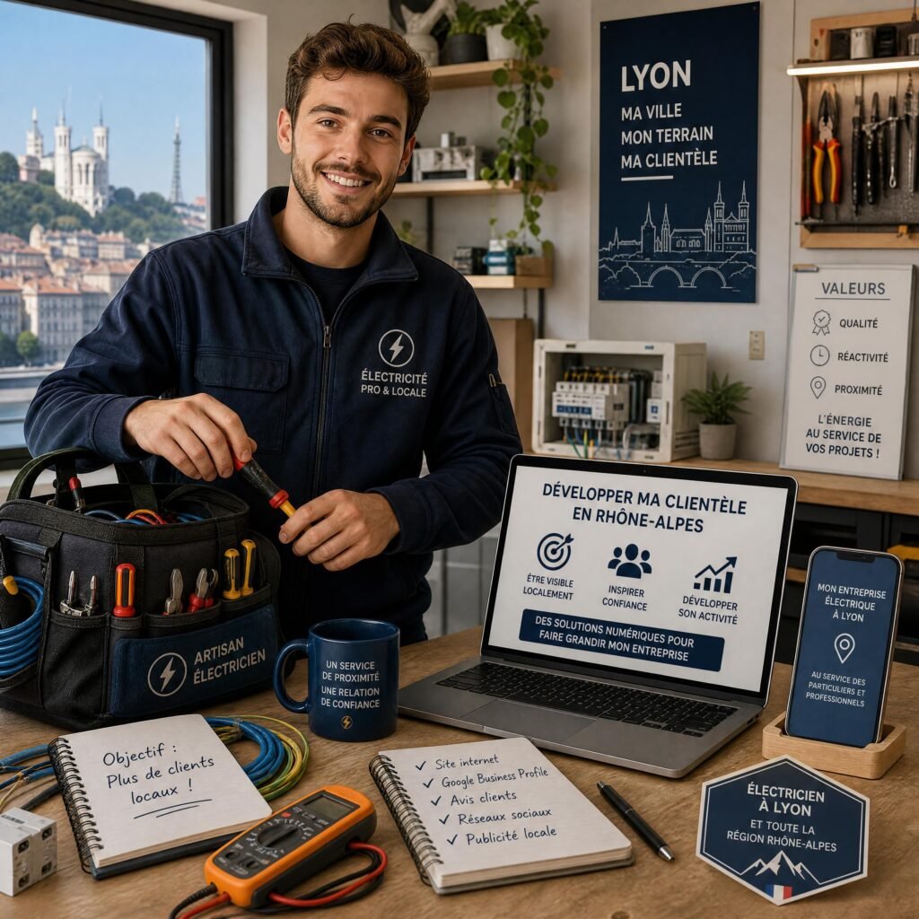 Un jeune artisan électricien souriant dans son atelier à Lyon, préparant ses outils numériques pour développer sa clientèle locale en Rhône-Alpes