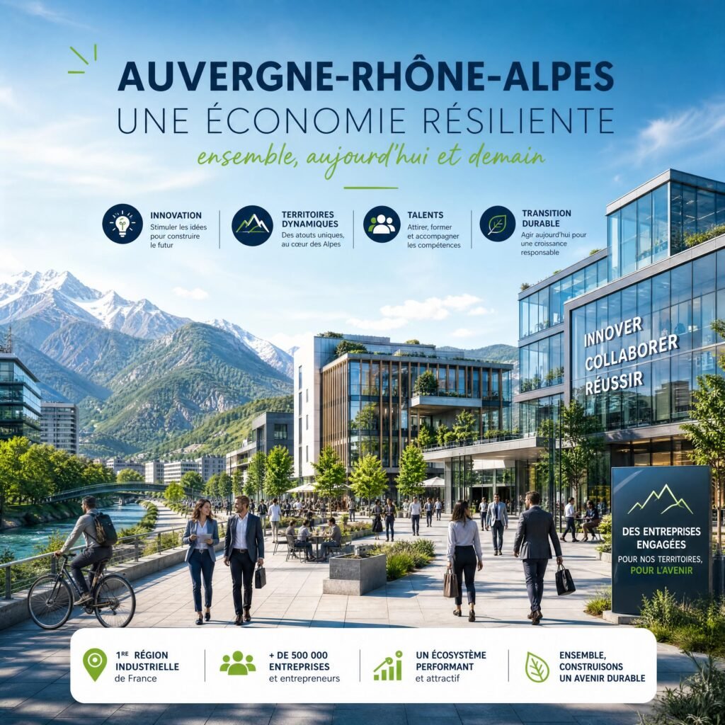 Vue panoramique d'un centre d'affaires dynamique en région Auvergne-Rhône-Alpes symbolisant la résilience économique