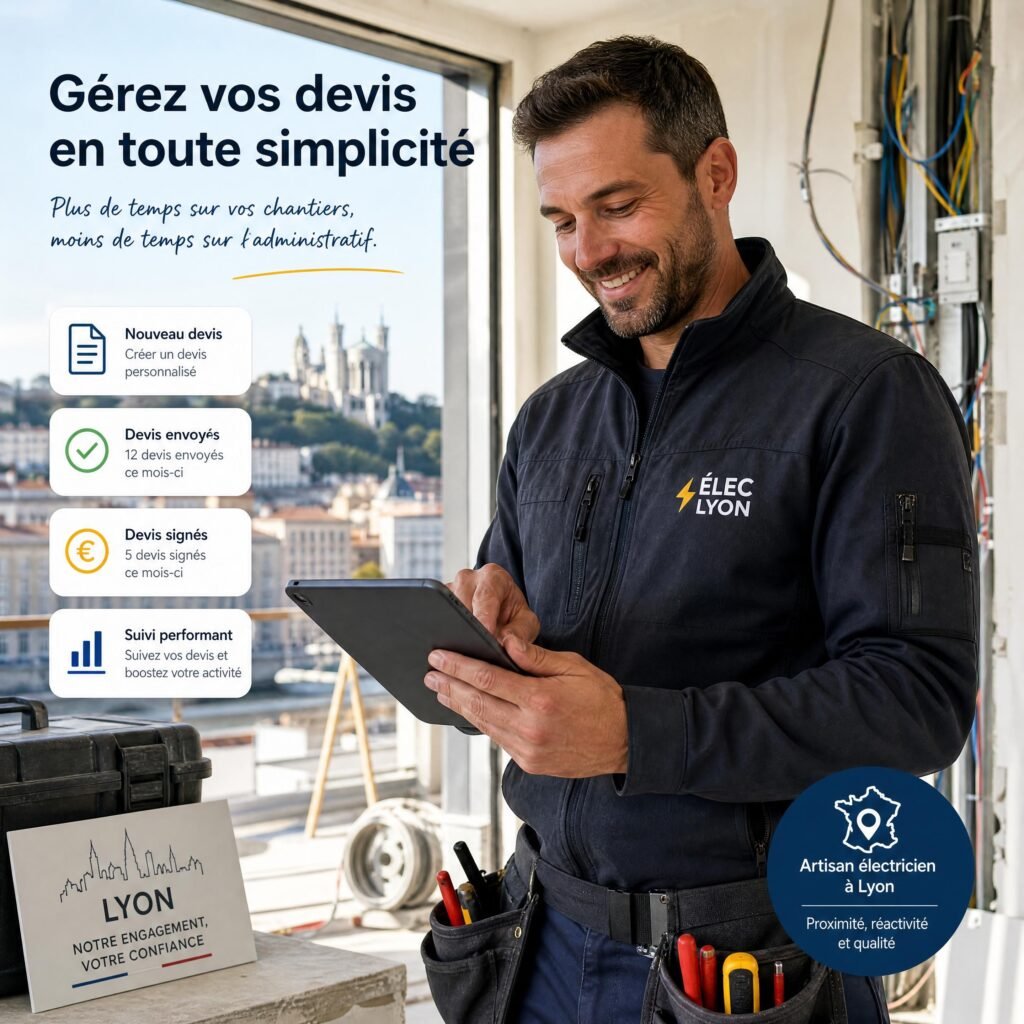 Un artisan électricien souriant utilisant sa tablette numérique sur un chantier à Lyon pour gérer ses devis