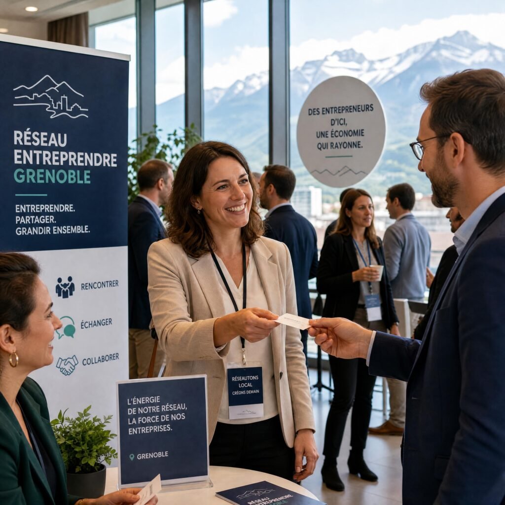 Une réunion d'entrepreneurs locaux échangeant des cartes de visite lors d'un événement de réseau professionnel à Grenoble