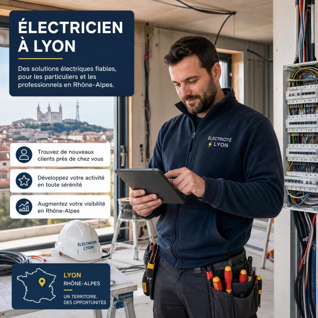 Un artisan électricien de Lyon consultant sa tablette sur un chantier en Rhône-Alpes pour trouver de nouveaux clients