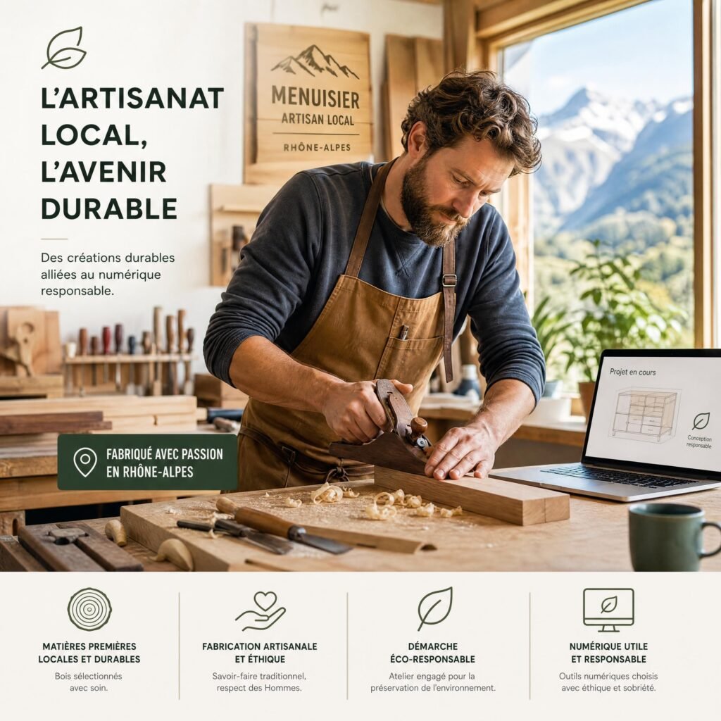 Artisan menuisier local travaillant le bois dans son atelier en Rhône-Alpes, symbolisant l'artisanat éthique et la transition numérique responsable