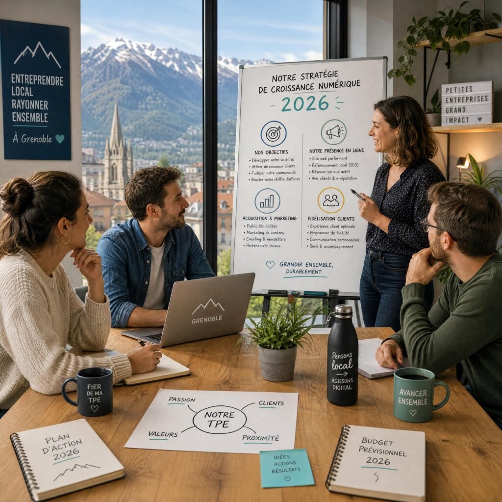 Réunion d'une équipe de TPE locale à Grenoble planifiant sa stratégie de croissance numérique en 2026