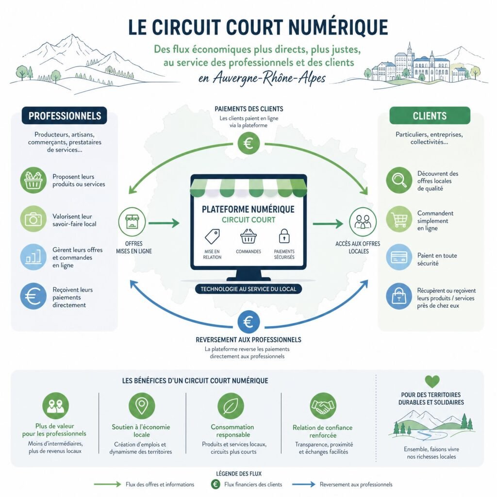 Infographie montrant les flux économiques d'un circuit court numérique entre professionnels et clients en Auvergne-Rhône-Alpes