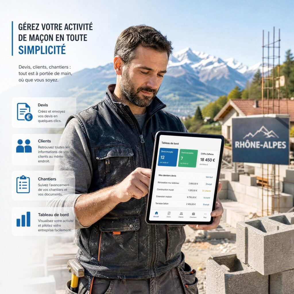 Un artisan maçon en Rhône-Alpes consultant sa tablette sur un chantier pour gérer ses devis et clients en ligne