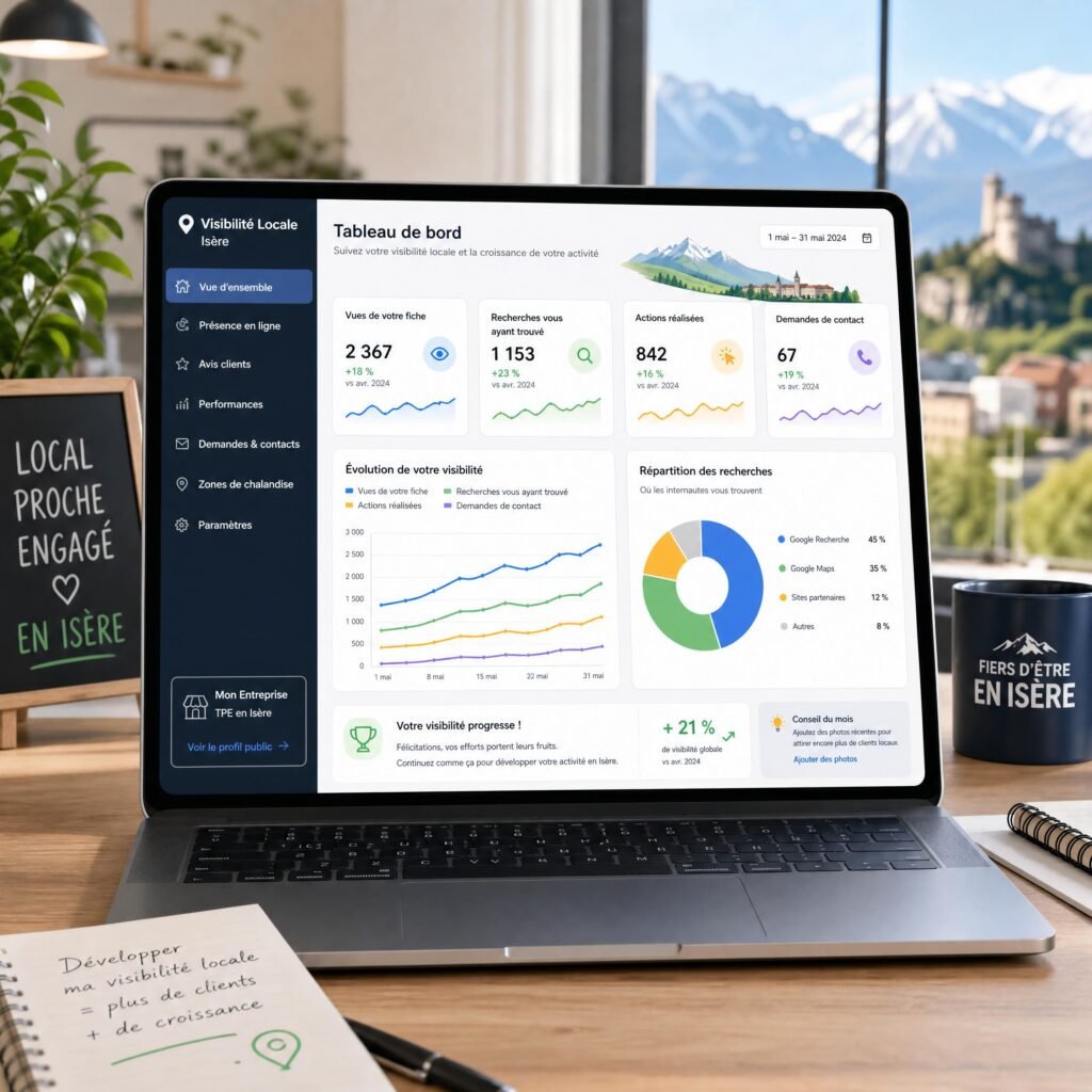 Ordinateur portable affichant un tableau de bord de visibilité locale et de statistiques de croissance pour une TPE en Isère
