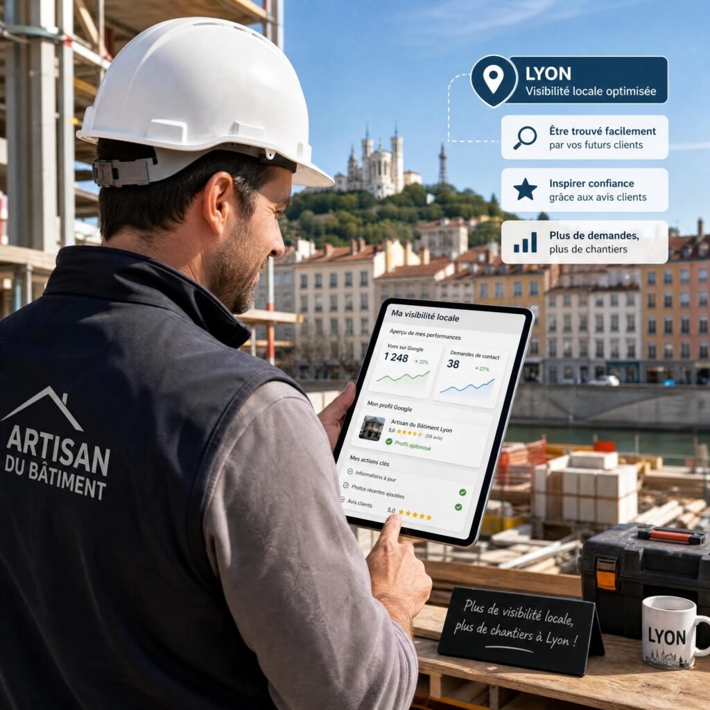 Un artisan du bâtiment optimisant sa visibilité locale sur sa tablette sur un chantier à Lyon