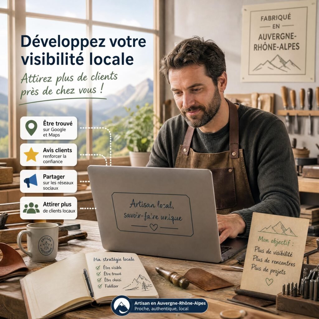 Artisan indépendant travaillant sur sa visibilité locale depuis son atelier en Auvergne-Rhône-Alpes
