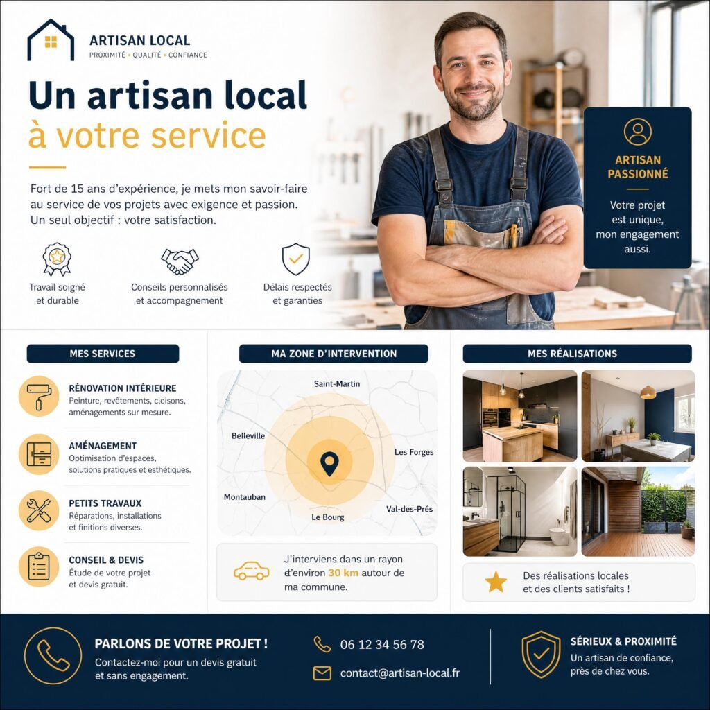 Profil professionnel d’un artisan local présentant ses services, sa zone d’intervention et ses réalisations