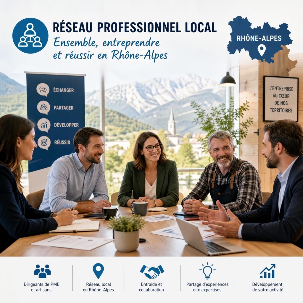 Réunion entre dirigeants de PME et artisans autour d’une table, représentant un réseau professionnel local en Rhône-Alpes