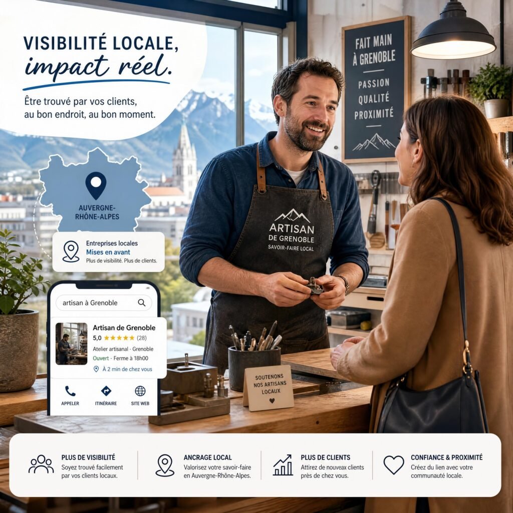 Artisan de Grenoble échangeant avec une cliente dans son atelier, illustration de la visibilité locale en Auvergne-Rhône-Alpes