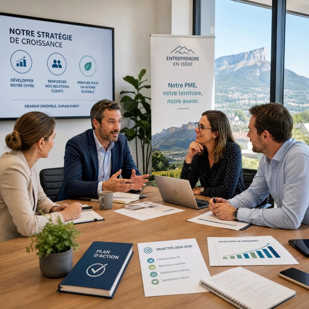 Réunion de chefs d'entreprise d'une PME en Isère discutant de stratégie de croissance