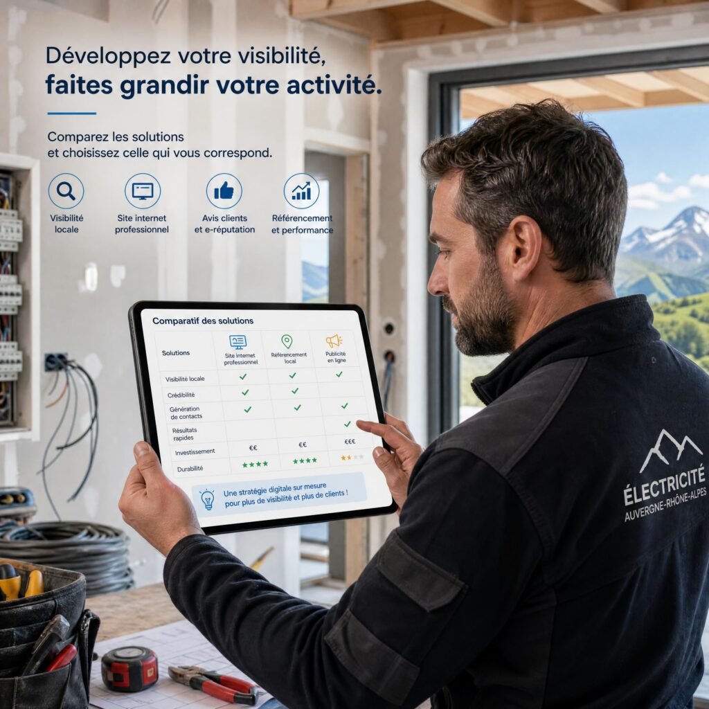 Un artisan électricien de la région Auvergne-Rhône-Alpes comparant des solutions de visibilité numérique sur sa tablette de chantier
