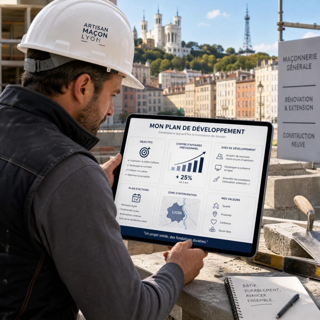 Un artisan maçon à Lyon analysant son plan de développement sur tablette numérique