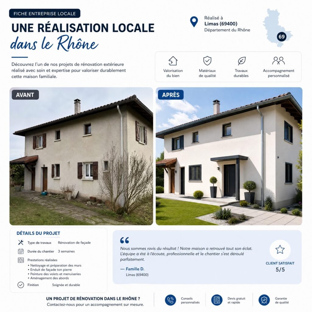 exemple de fiche entreprise locale présentant une réalisation avant-après dans le Rhône