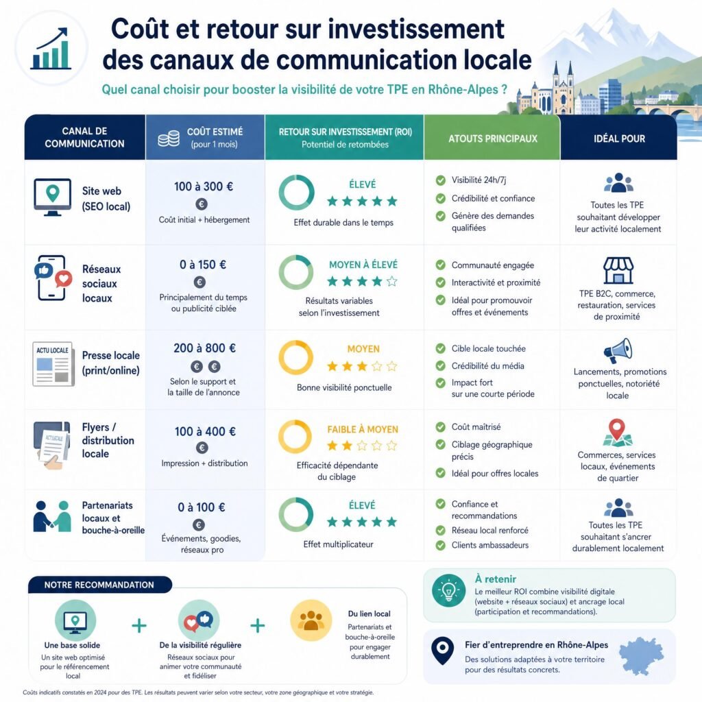 Graphique décisionnel comparant le coût et le retour sur investissement des canaux de communication locale pour les TPE de Rhône-Alpes