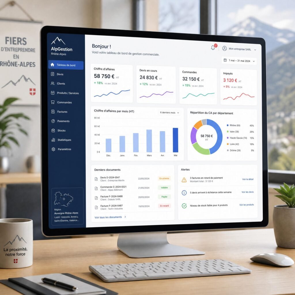 Un écran d'ordinateur montrant un tableau de bord de gestion commerciale localisé pour une PME en Rhône-Alpes