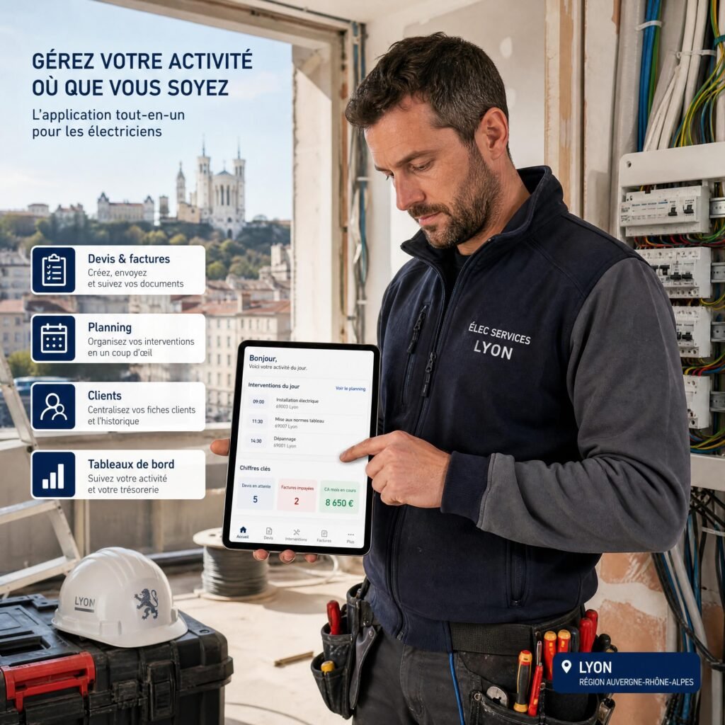 Un artisan électricien à Lyon utilisant une application de gestion sur tablette sur son chantier