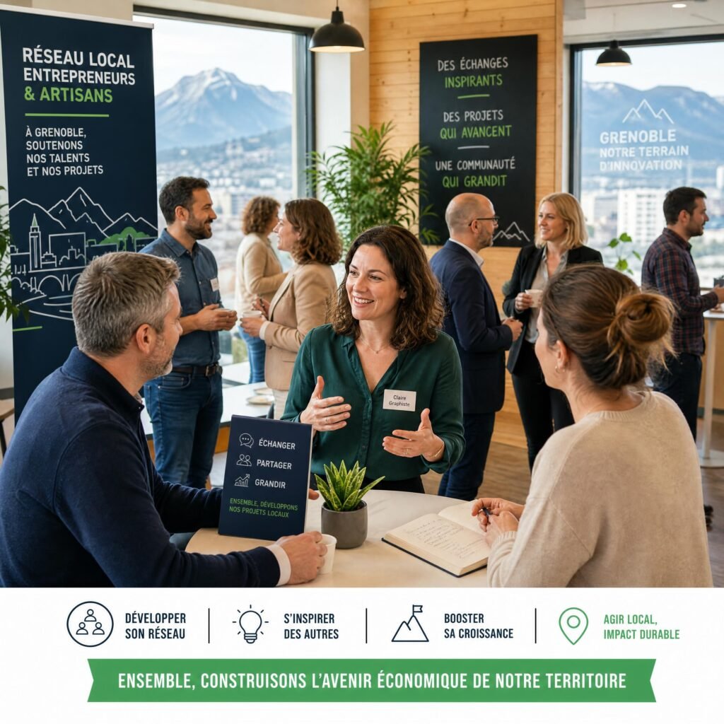 Réunion de réseau professionnel d'entrepreneurs et d'artisans locaux à Grenoble échangeant sur leurs projets de croissance
