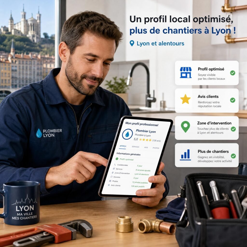 Un artisan plombier à Lyon optimisant son profil professionnel local sur tablette pour acquérir de nouveaux chantiers