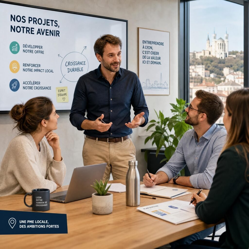 Un chef d'entreprise de PME locale à Lyon discutant de projets de croissance avec ses collaborateurs dans un bureau moderne