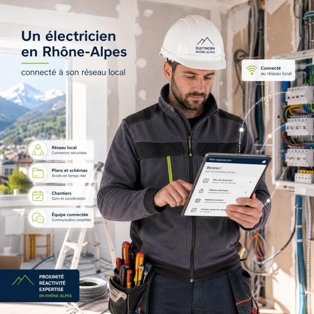 Un artisan électricien en Rhône-Alpes consultant sa tablette sur un chantier de rénovation activement connecté au réseau local