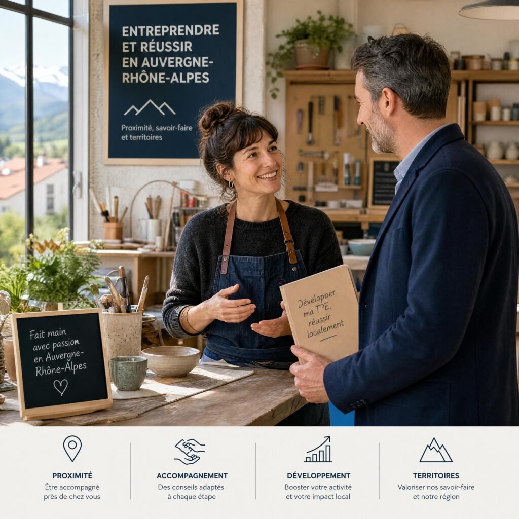 Artisane et dirigeant de TPE échangeant dans un atelier local en Auvergne-Rhône-Alpes