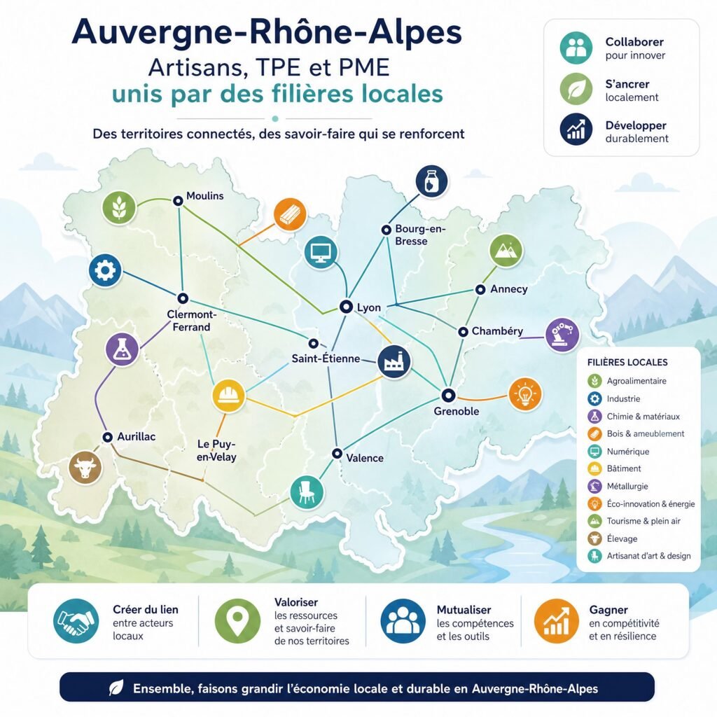 Carte stylisée de l’Auvergne-Rhône-Alpes reliant artisans, TPE et PME par filières locales