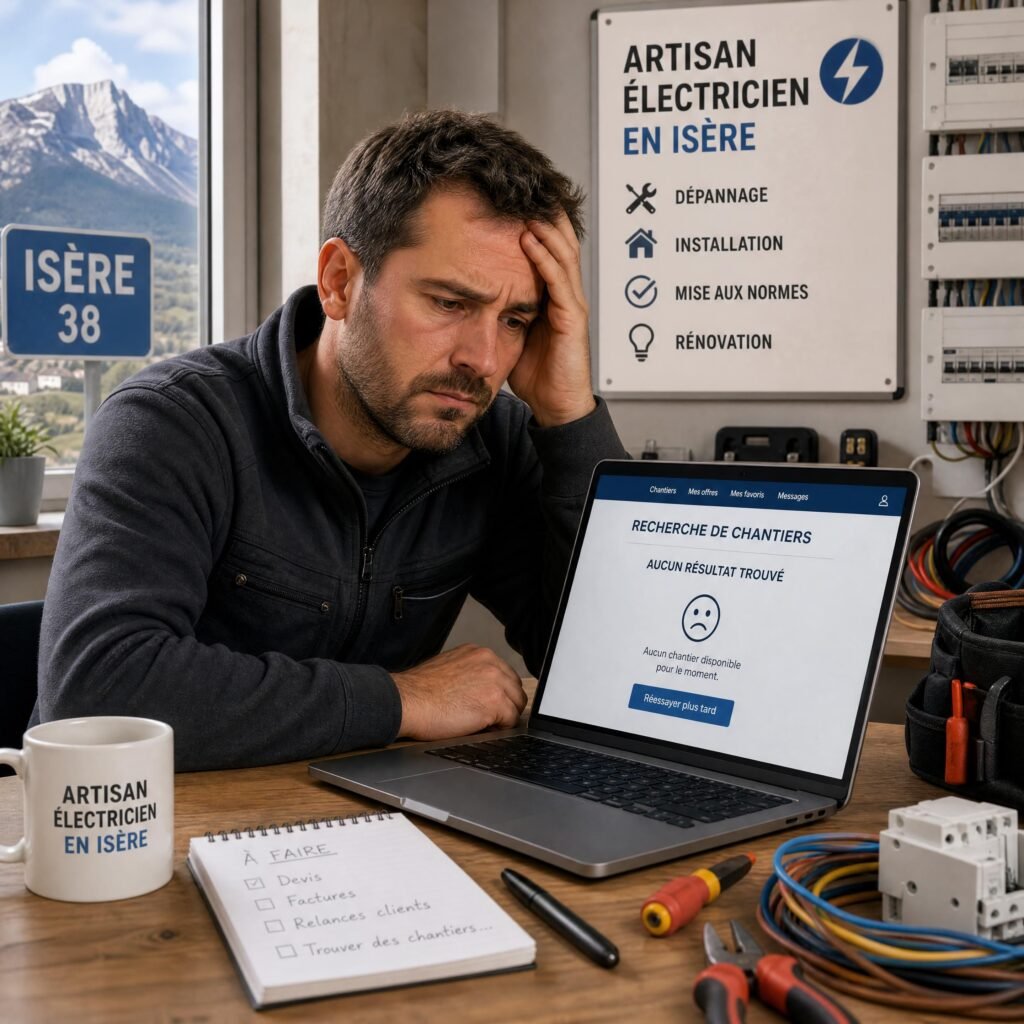 Un artisan électricien en Isère dépité devant son ordinateur cherchant des chantiers en ligne