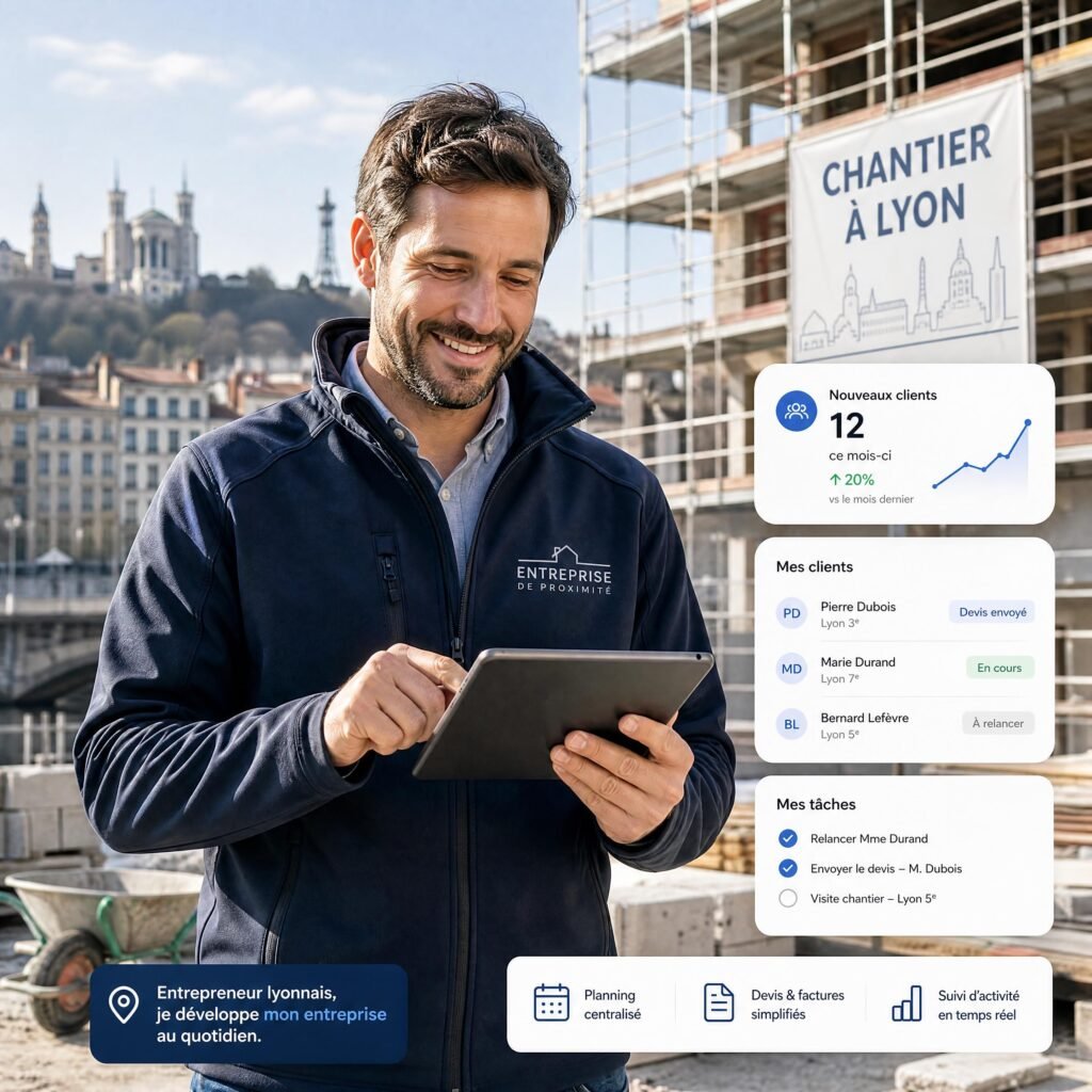 Un chef d'entreprise de TPE souriant sur un chantier à Lyon utilisant sa tablette pour gérer ses nouveaux clients