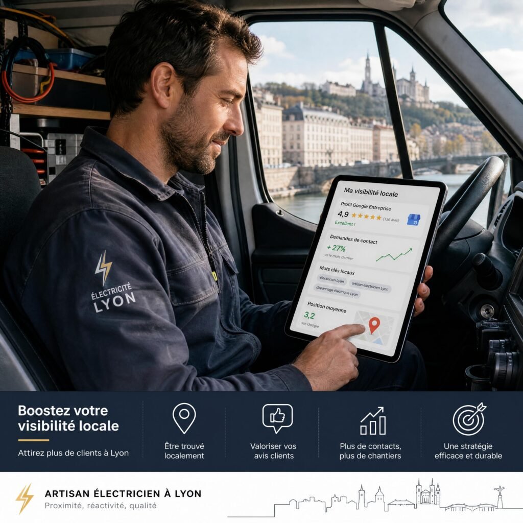 Artisan électricien à Lyon optimisant sa visibilité locale sur tablette dans son véhicule de chantier