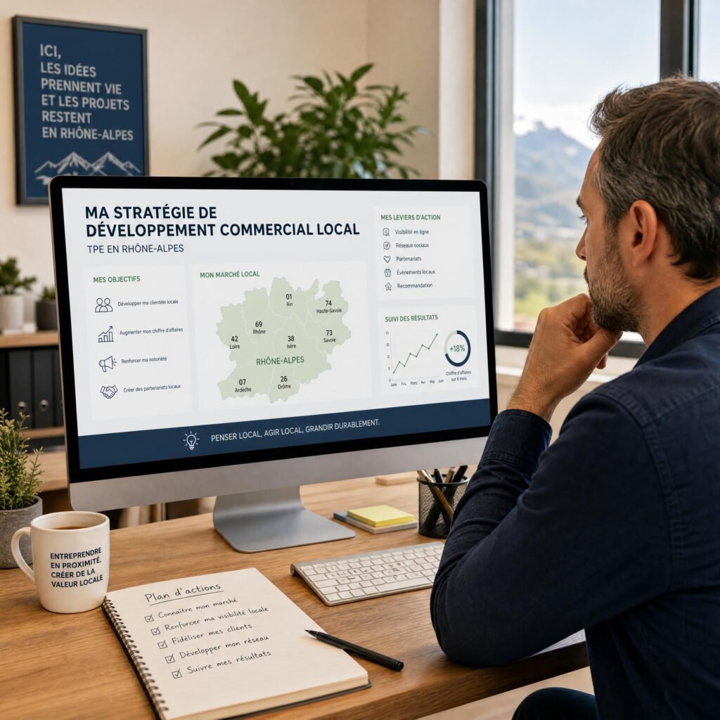 Dirigeant d’une TPE de Rhône-Alpes analysant sa stratégie de développement commercial local sur ordinateur