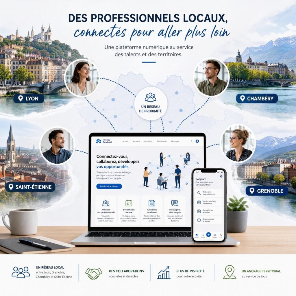 Réseau de professionnels locaux connectés entre Lyon, Grenoble, Chambéry et Saint-Étienne autour d’une plateforme numérique
