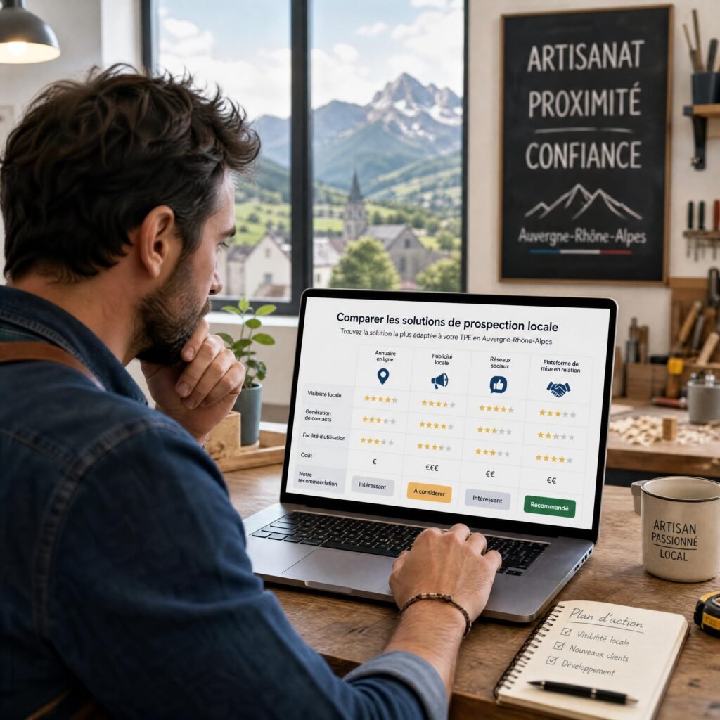 Artisan dirigeant une TPE en Auvergne-Rhône-Alpes comparant plusieurs solutions de prospection locale sur un ordinateur