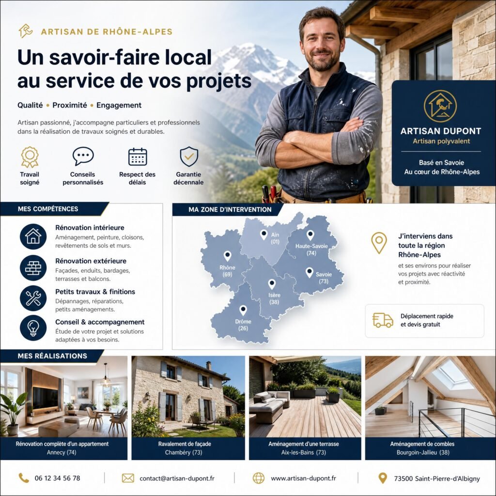 Profil professionnel d’un artisan de Rhône-Alpes affichant ses compétences, sa zone d’intervention et ses réalisations