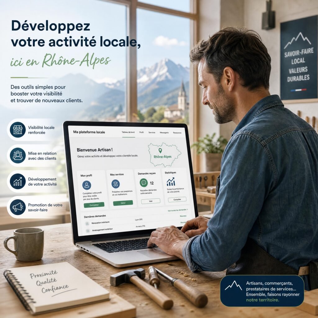 Artisan du Rhône-Alpes consultant une plateforme numérique pour développer son activité locale