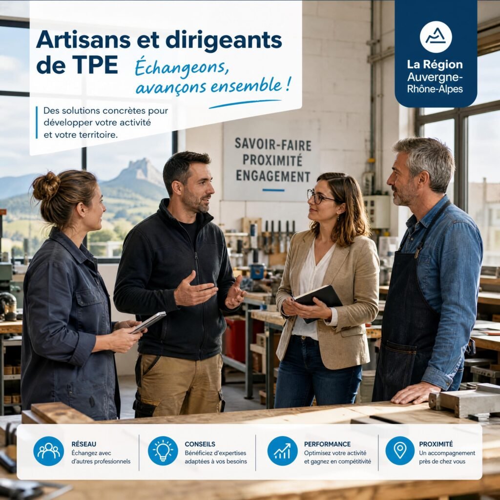 Artisans et dirigeants de TPE échangeant dans un atelier professionnel en Auvergne-Rhône-Alpes