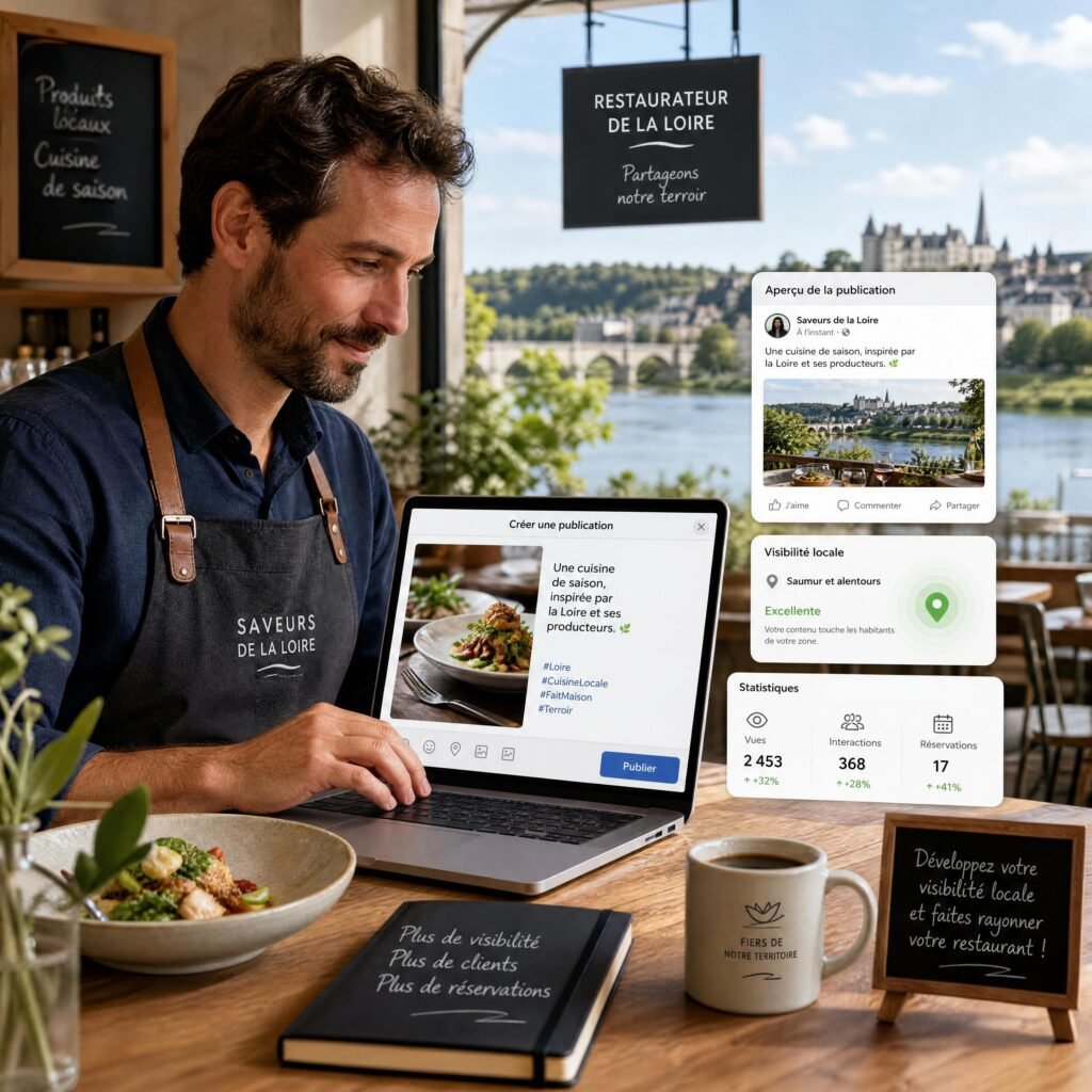 Restaurateur de la Loire utilisant un outil numérique pour préparer une publication et développer sa visibilité locale