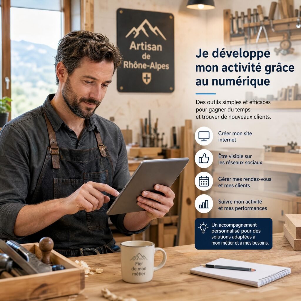 Artisan de Rhône-Alpes consultant des outils numériques sur une tablette dans son atelier
