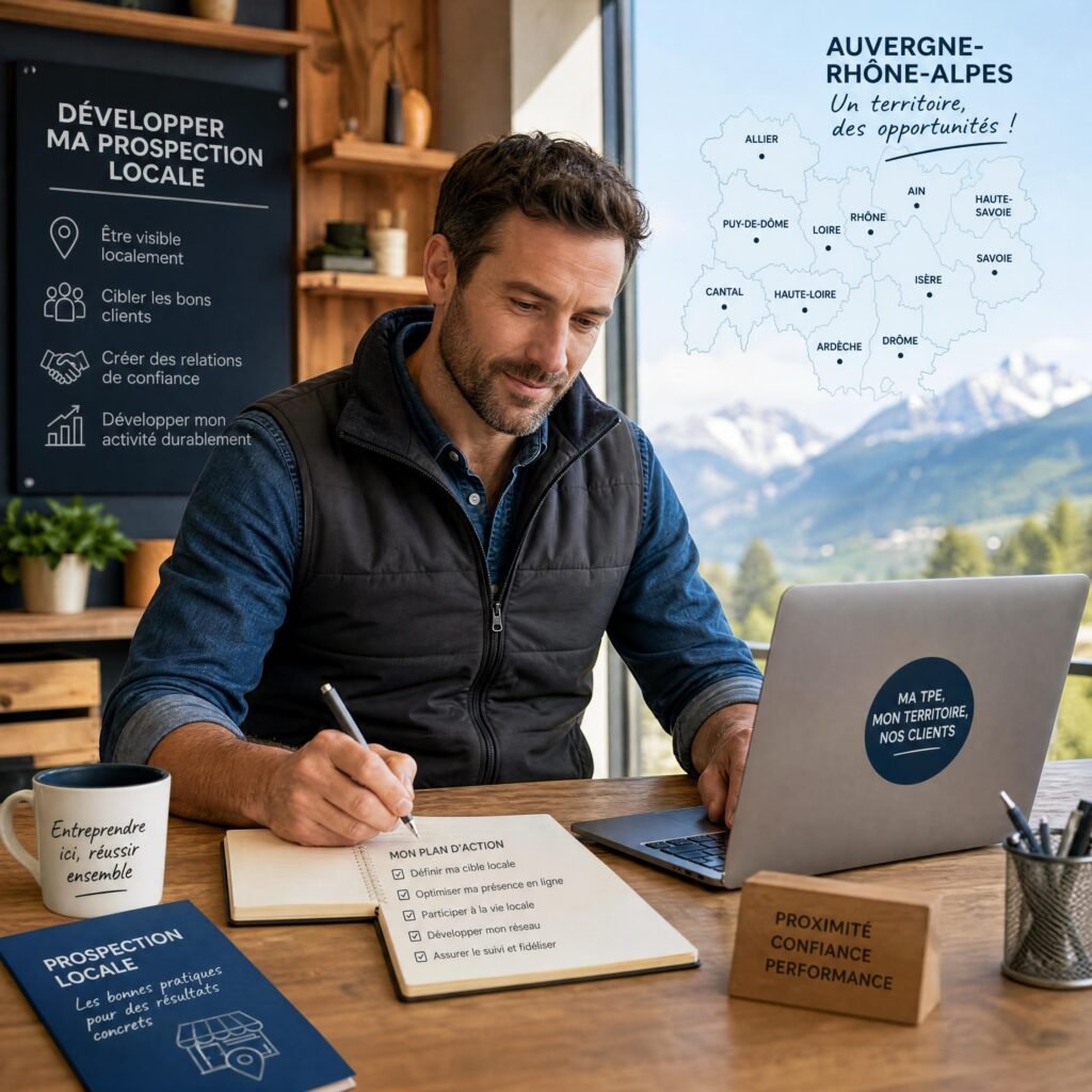 Artisan ou dirigeant de TPE travaillant sur sa prospection locale dans une entreprise de la région Auvergne-Rhône-Alpes