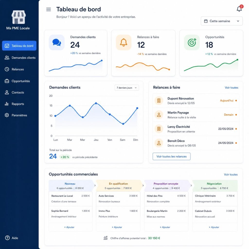 Tableau de bord simple montrant les demandes clients, relances et opportunités commerciales d’une PME locale